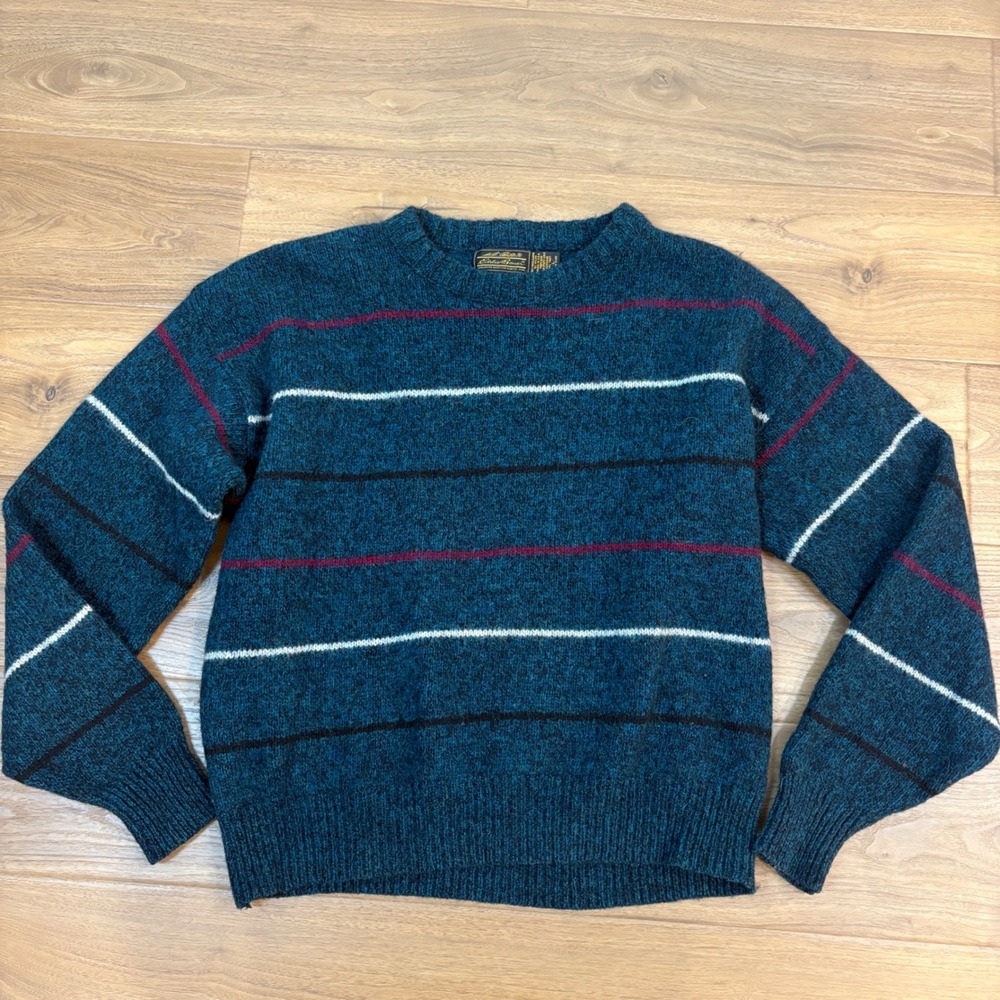 Eddie Bauer Sweater Mens L Blue Vintage Striped Wool Blend USA Preppy Heritage